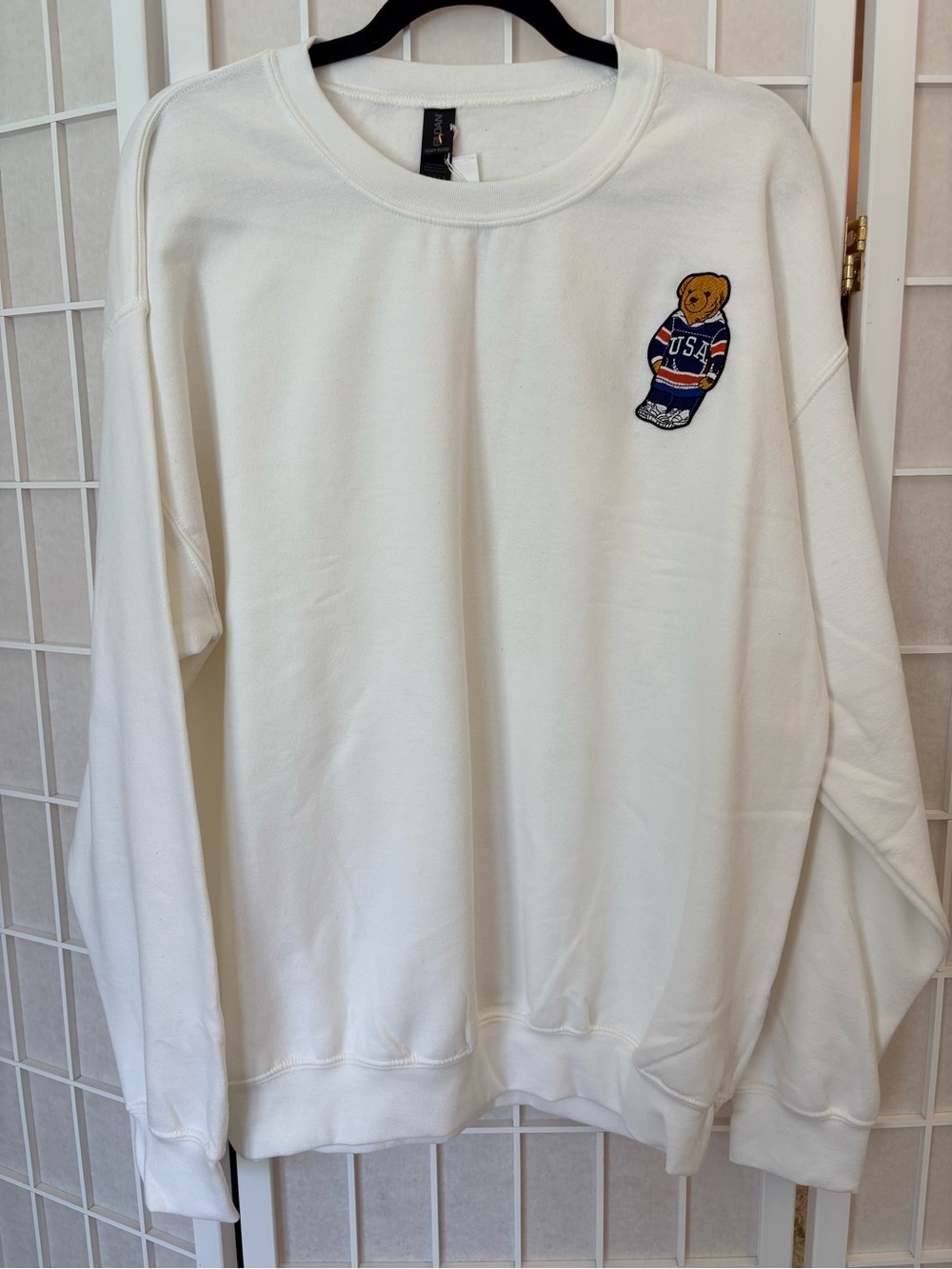 Gildan White Crewneck Sweatshirt with USA Bear Patch